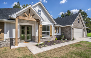 Exterior farmhouse elevation on a new home in Guthrie, Oklahoma