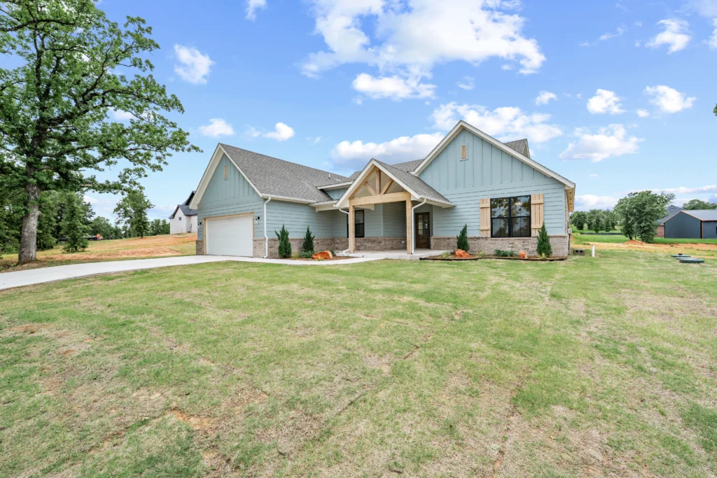 New construction modern farmhouse in light blue
