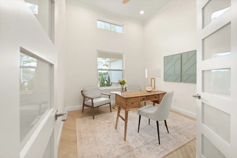 Available home's study with twelve foot ceiling