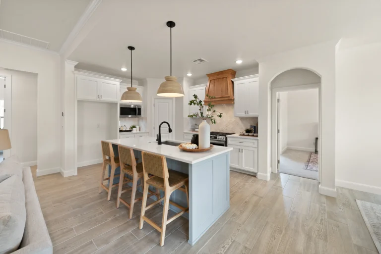 modern farmhouse kitchen with a bar-style island