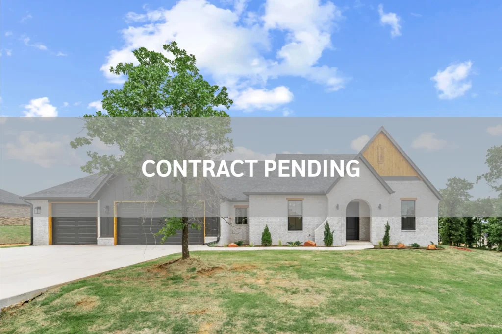 Exterior of an Oklahoma new construction home, but with a banner indicating a contract is pending.